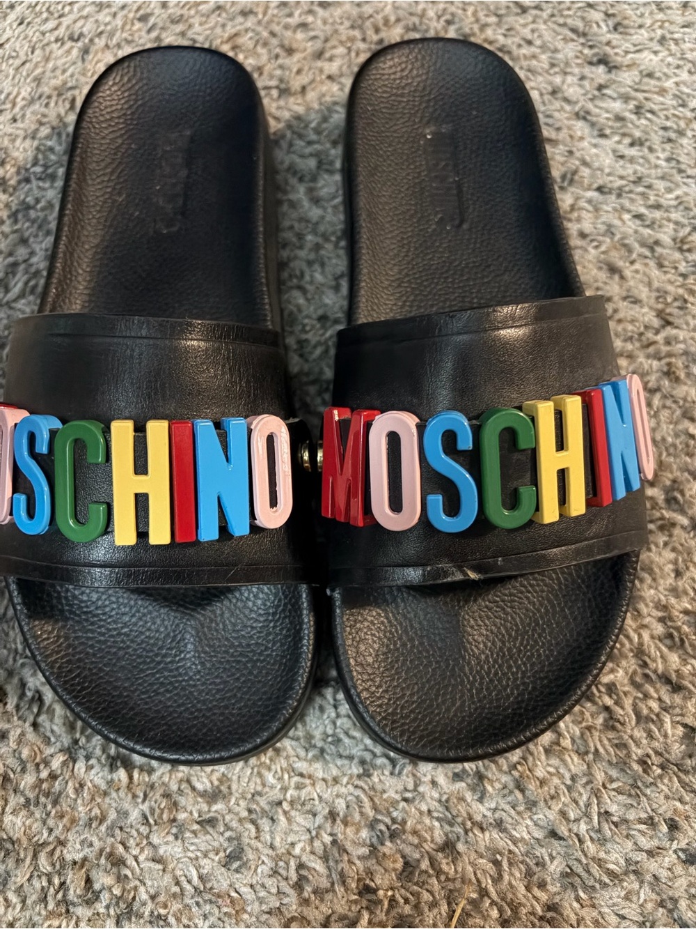 Moschino Black Slides with Rainbow Raised Lettering